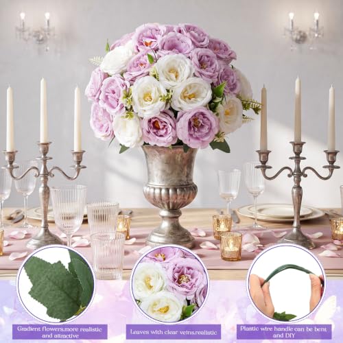 Geosar 8 Bundles Artificial Peonies Flowers Fake Silk Peony Bouquet Faux Peonies Flowers Bulk for Decoration Vase Floral Arrangements Wedding Party Table (White,Purple) - color: White, Purple