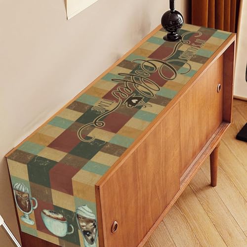 Coffee Theme Table Runner, Rustic Coffee Time Cafe Cup Latte Cappuccino Tea Bean Drinks Vintage Farmhouse Teal Table Center Decor for Family Kitchen Holiday Party Table Decorations,, 13"x36" - color: Coffee-12, size: 13“ X 36"