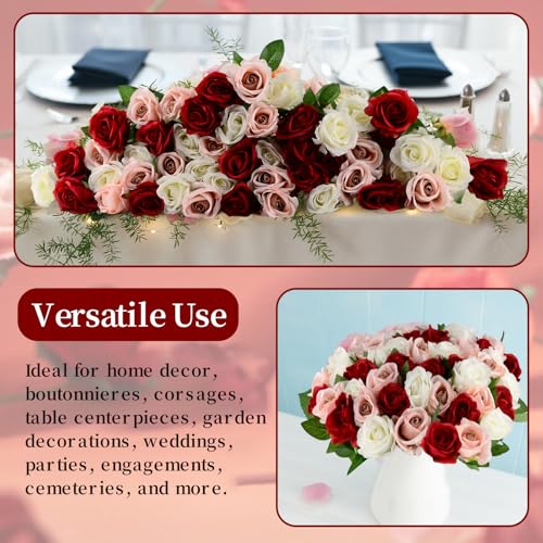 48 Pcs Silk Artificial Flowers, Fake Rose Long Stem Realistic Artificial Flowers for Wedding Arrangement Centerpiece Party Decor (16 Burgundy, 16 Coffee Pink, 16 Off-White)