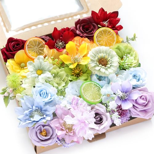 Artificial Flower Box Set Silk Fake Flowers DIY Center Cake Decoration Wedding Bouquet Corsage Home Decor Outdoor Decor Gift (Small Rainbow Flower) - color: Small Rainbow Flower