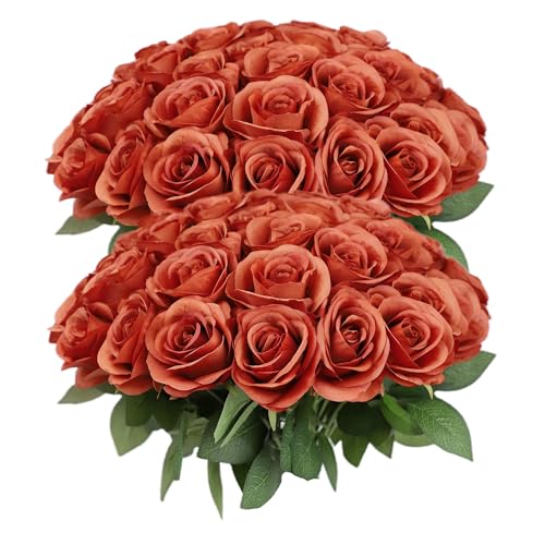 JUSMAI 50pcs Roses Artificial Flowers Burnt Orange Fake Roses Flowers with Long Stems Silk Flowers for Wedding Bouquet Centerpices Decorations Party Bridal Baby Shower Home Decor - color: Burnt Orange, size: 50PCS