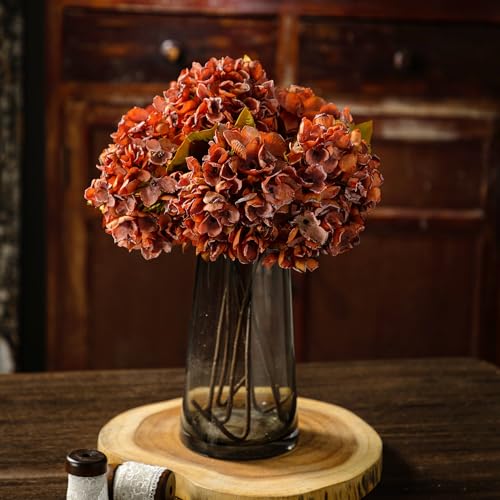 TOPIA Silk Fall Flowers Artificial Silk Dried Hydrangea Flowers Fall Hydrangeas Bouquet Autumn Florals Decorations for Office and Home(6 PCS) (Orange) - color: Orange