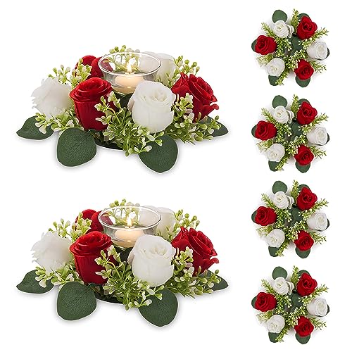 NUPTIO Flower Wreath for Table Centerpieces: 9.05 Inch Small Crimson & White Candle Rings for Wedding Party Christmas Decorations - Rose Wreaths for Spring Summer Front Door Porch Decor 6 Pcs - color: Crimson & White, size: Dia 9.05"-6pcs