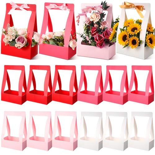 Teling 12 Pcs Mother's Day Flower Boxes for Arrangements Paper Multicolor Flower Gift Bag for Bouquet Portable Waterproof Floral Box with Handle for Wedding Floral Bar Mom Party Decor Florist Supplies - color: Red, Rose Red, Pink, White