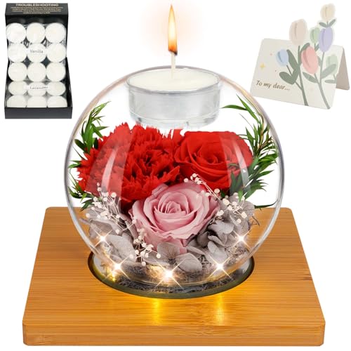 Preserved Red Carnation Real Rose in Glass with Scented Candles–– Forever Flower Romantic Anniversary Christmas Birthday Valentines Mothers Day Gifts for Mom, Women, Wife, Girlfriend, Her, Grandma - color: Red Carnation