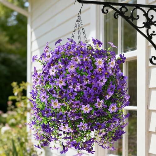 Artificial Hanging Baskets Outdoor, 4 Bundles Artificial Hanging Flowers Outdoors Spring Summer Decoration, No Fade Realistic Fake Hanging Baskets for Porch Patio Balcony Home Yard Decor - color: Purple Gradient Purple