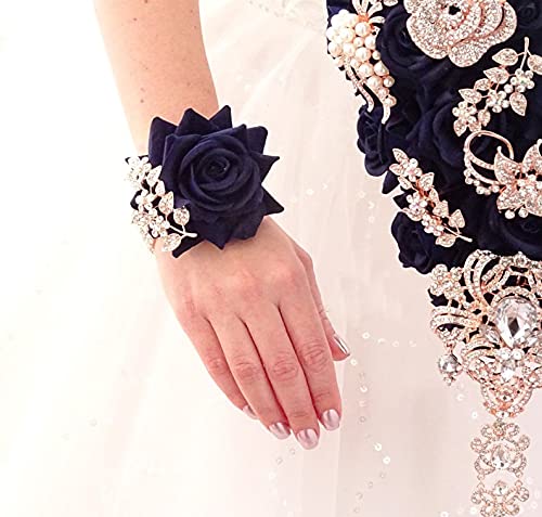 YIFUwedding Bride Water Drop Wine red Bouquet Navy Blue Wedding Bouquet Luxury Jewelry Proposal Bridesmaid Bouquet Groom Corsage Bride Wrist Flower Wedding Decoration (Navy Blue Bridal Wrist Flower) - color: Navy Blue Bridal Wrist Flower