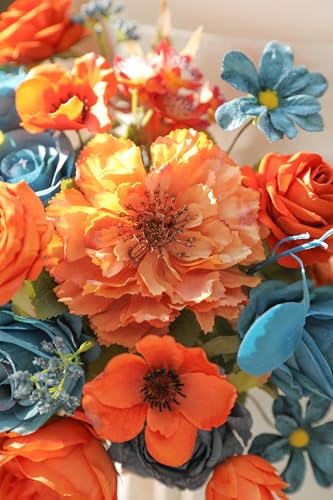 Fall Orange Artificial Flowers Roses Fake Flowers with Stems Blue Orange Artificial Flowers for DIY Bridal Bouquets Faux Flowers Centerpieces for Table Home Decor - color: Fall Orange
