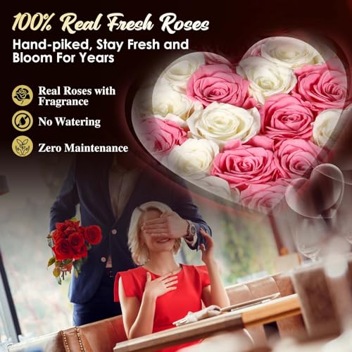 ADDWel Preserved Roses Bouquet for Her Anniversary, Birthday Flower Gifts for Women, 27-Pieces Eternal Roses with Natural Fragrance in Heart-Shape Box for Wife Girlfriend Mom - color: Pink & White - 27 Roses