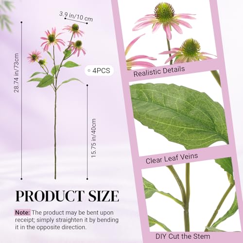 Knitgrip Light Purple 4 Pcs Artificial Coneflowers Stems 29 Inch Faux Echinacea Flowers Branch Realistic Farmhouse Fake Sunflower Floral Bouquet for Home Centerpiece Arrangement Indoor Outdoor Decor - color: Light Purple