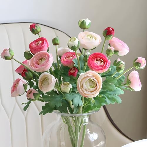 5PCS Artificial Ranunculus Flowers with Silk Flower Real Touch Stem Spray for Home Garden Office Decoration Wedding DIY Arrangements (Rose red) - color: Rose Red