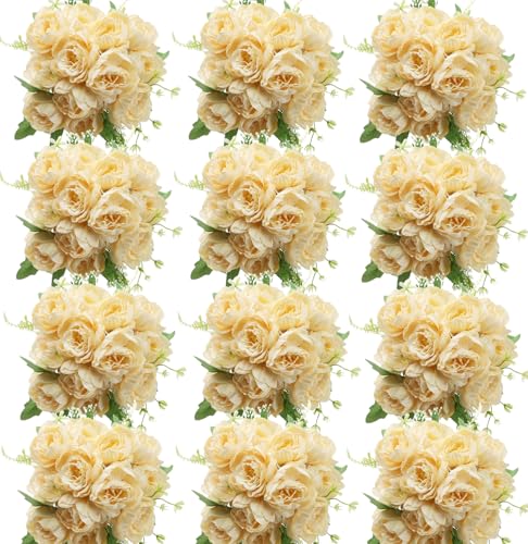 12 Packs Champagne Peonies Artificial Flowers Bulk for Centerpiece | Realistic Silk Flowers, Wedding Decoration, Home Table Centerpiece, DIY Bouquet - color: Champagne