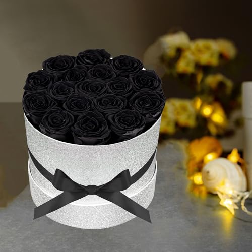 Prifroti 17 Black Flowers in Glitter Box, Birthday Gifts for Women, Preserved Flowers, Mothers Day Roses Gift for Mom - color: Black | Glitter Box, size: 17 Roses