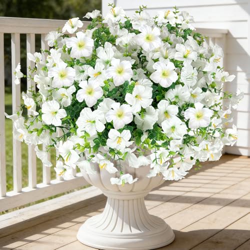 ICX 12pcs Artificial Flowers Fake Plants for Outdoors Decoration-White | Fake Silk Morning Glory Realistic UV Resistant Flowers for Outside for Pot, Front Door Porch Yard Patio Hanging Basket - color: 12pcs-mixed White