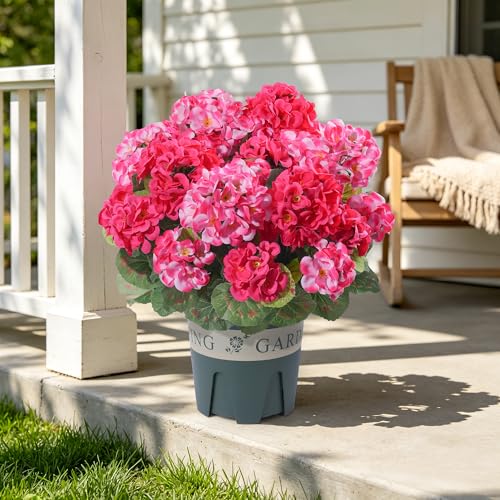 Geraniums Artificial Flowers for Outdoors, 2 Pack Potted Plants Faux Geraniums Bush Artificial Topiaries Realistic UV Resistant Fake Flowers Greenery for Outside Gardens Porch Patio Yard Indoor, Mix - color: 6 Pink, 6 Hot Pink