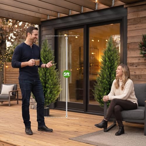 Artificial Cedar Trees 5FT Faux Cedar Topiary Evergreen Plants UV Resistant Outdoor Indoor Fake Cypress Pine Trees with Planter for Front Porch Entryway Patio Garden Home Decor Set of 2 - size: 5ft
