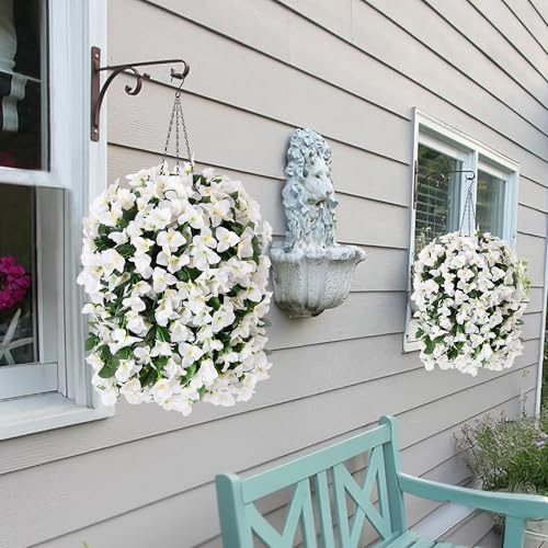 INSPRING Artificial Bougainvillea Faux Flowers Plants Baskets for Outdoor Outside Decoration, 3PCS Fake Silk Flowers Long Trailing Vines UV Resistant Realistic for Front Door Porch Patio (White) - color: White