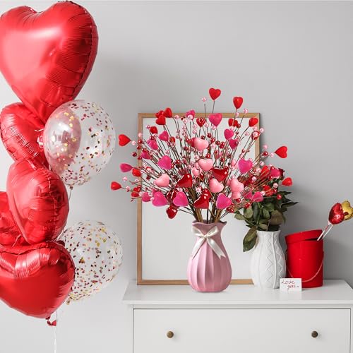 Valentine’s Day Gifts 12 Pcs Heart Shaped Berry Picks Artificial Red Heart Pearl Berry Twig Stem Branches with Red Pink Fluffy for Valentine’s Day Anniversary Flower Bouquets Wedding Home Decor - color: Red and Pink