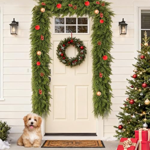 Cedar Garland 6ft Christmas Garland Real Touch Garland Artificial Realistic Greenery Cypress Pine Garlands for Mantle, Fireplace, Stairs,Table, Doorframe Vintage Outdoor Indoor Christmas Decorations