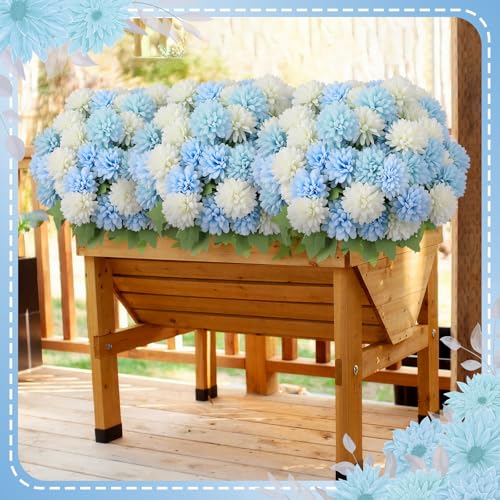 XunYee 12 Pcs Blue Artificial Flowers for Outdoor Decorations Spring Faux Chrysanthemums Mums Blue White Fake Flowers for Outside Garden Porch Window Patio Vase Table Wedding Home Decor - color: Blue