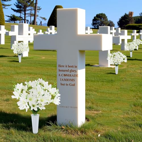 Artificial Cemetery Flowers with Vase -2 Set of White Silk Memorial Orchids with Headstones Vase for Grave Graveyard Decoration - color: 2 White