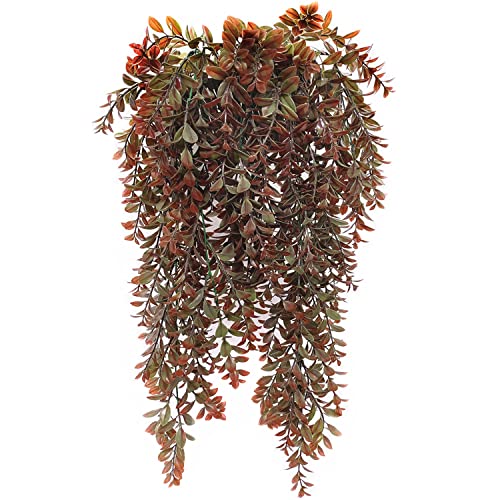 Artificial Hanging Vines Red 2 Pack, Fake Leaves Brown Ivy Plastic Greenery Faux Rattan Vine Décor for Indoor Outdoor Home Kitchen Garden Background Wall Wedding Party DIY Basket Decoration - color: Red Leaves Vine - 2pcs