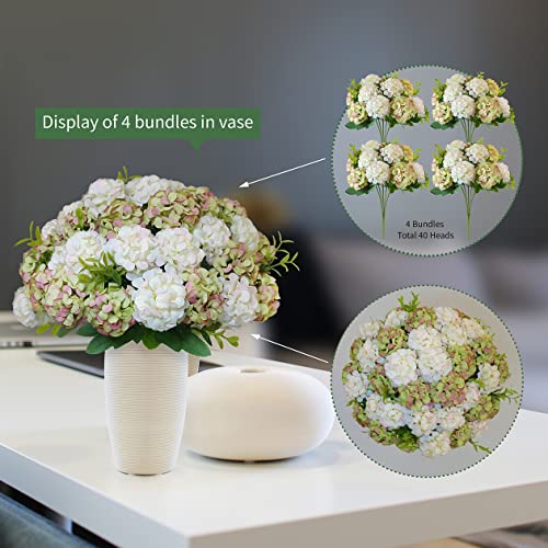 4 Bundles Small Hydrangea Artificial Flowers, Silk Fake Flower Bouquet for Wedding Party Home Decor.(White & Green) - color: White&green