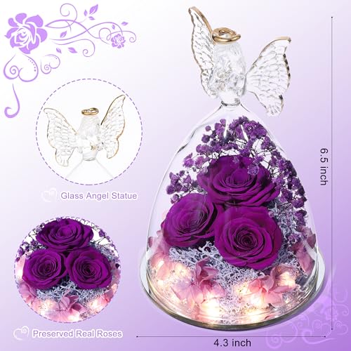 Mothers Day Rose Gifts for Women Preserved Real Flower in Glass Angel Figurines Roses for Delivery Prime Birthday Gifts for Mom Grandma Girlfriend Wife Her, Full Purple - color: Purple Pur