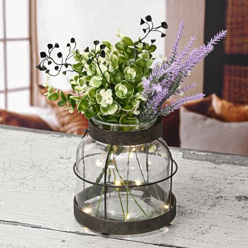 Vintage Glass Farmhouse Vase, Rustic Lantern Decor with Plants Lavenders Lights Vintage Style Vase for Home Decor Floral Arrangement Housewarming Hostess Gift - color: Vase+greenery+light+lavender