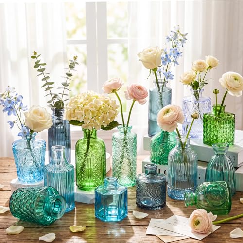 Yaomiao 30 Pcs Vases Bulk Colored Flower Glass Vases Bud Vintage Colored Glass Bottles Colorful Rustic Embossed for Home Wedding Table Decorations Gifts(Blue Green Series) - color: Blue Green Series