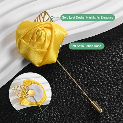 M METERXITY 12-Pack Flower Lapel Pins for Men, Golden Leaf Rose Boutonnieres Pin for Wedding/Dance/Party, Mens Lapel Pins for Suits Satin Flower Corsage Hat Pins [Yellow] - color: Yellow