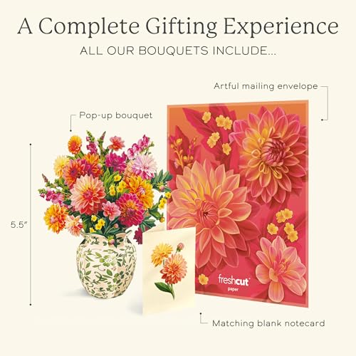 Freshcut Paper Mini Dahlia Sunrise 5.5 Inch Life-Sized 3D Pop Up Cards – Greeting Card, Birthday, Mothers Day, Thank You, Gifts for Mom and Her – Includes Notecard and Envelope - color: Dahlia Sunrise, size: Mini