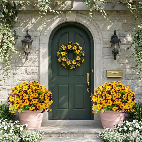lovemoon 16 Pcs Artificial Pansy Flowers for Outdoors Yellow Faux Silk Spring Flowers for Outside, UV Resistant Realistic Pansies for Window Front Door Porch and Garden Home Decor (16, Purple,Yellow) - color: Purple,yellow