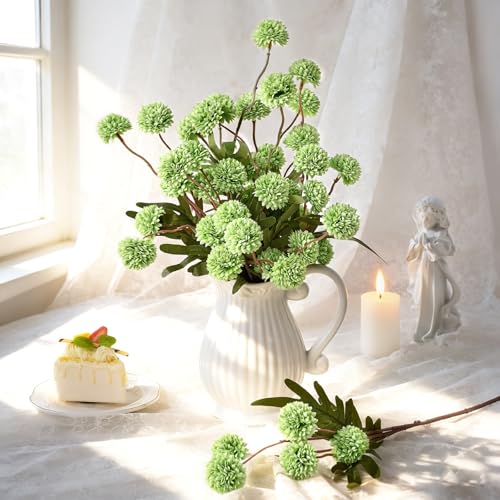 Waipfaru 10pcs Fake Flowers, Artificial Pompon Mums , Bulk Faux Chrysanthemums Flowers for Indoor Home Decorations, Boho Decor, Green, No vase - color: Green