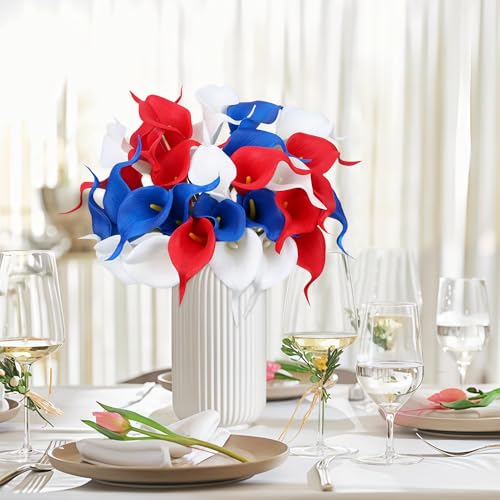 24 Pcs Patriotic Calla Lily Flower 4th of July Artificial Flowers Fake Blue White Red Silk Flowers Real Touch for Independence Memorial Day - color: Red-blue-white