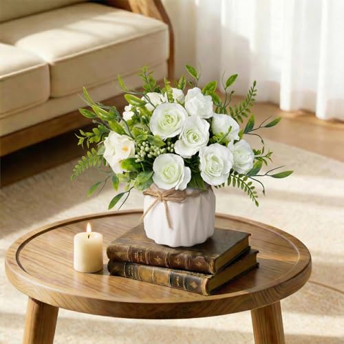 White Artificial Silk Roses with Ceramic Vase, No Maintenance Faux Flower Arrangement, 6.3 Inch Realistic Table Decor for Home Office Wedding - color: White