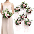 Ling's moment Artificial Bridesmaid Bouquets Set of 6,Burgundy Wedding Flower Bouquets Pink Floral Bouquet Mashala Bridal Bouquets with Ribbon,Ceremony,Anniversary,7-inch Diameter - color: Pk-marsala & Cream