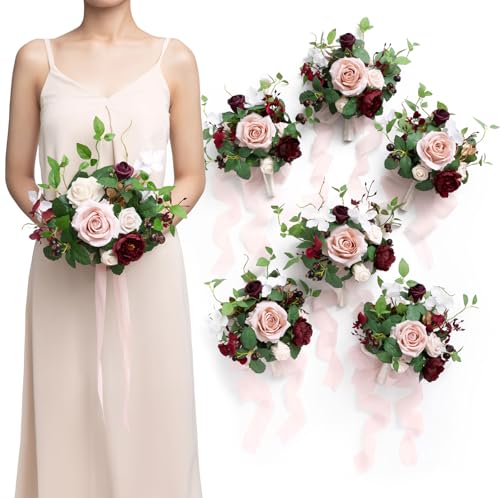 Ling's moment Artificial Bridesmaid Bouquets Set of 6,Burgundy Wedding Flower Bouquets Pink Floral Bouquet Mashala Bridal Bouquets with Ribbon,Ceremony,Anniversary,7-inch Diameter - color: Pk-marsala & Cream