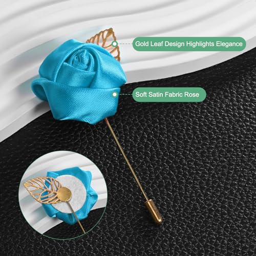 M METERXITY 12-Pack Flower Lapel Pins for Men, Golden Leaf Rose Boutonnieres Pin for Wedding/Dance/Party, Mens Lapel Pins for Suits Satin Flower Corsage Hat Pins [Blue] - color: Blue
