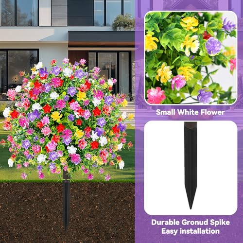ENVEN Artificial Boxwood Topiary Ball Trees with Ground Spikes UV Resistant Faux Greenery Shrubs Fake Shrubs for Outdoors, Realistic Faux Plants Bushes for Garden Porch Yard Patio Decor (Multi) - color: Multi Color