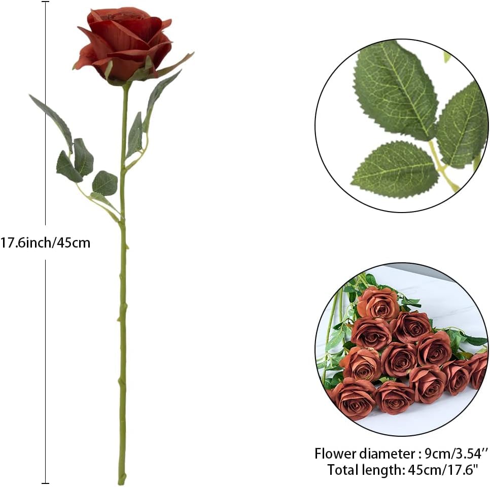 60 PCS Fake Burnt Orange Roses, Artificial Burgundy Flowers Bulk Realistic Silk Faux Rose with Stems for Wedding Decoration Anniversary Bridal Bouquet DIY Floral Arrangement Romantic Home Decor Gifts - color: Burnt Orange