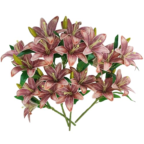 ATFL Artificial Lilies Flowers,9 Pcs Faux Lily Flowers,16''Tiger Lily Branches with 2 Full Blooms and 1 Bud,Faux Fake Lilies Plants for Wedding Bouquet Floral Arrangements (9, Brown) - color: Brown