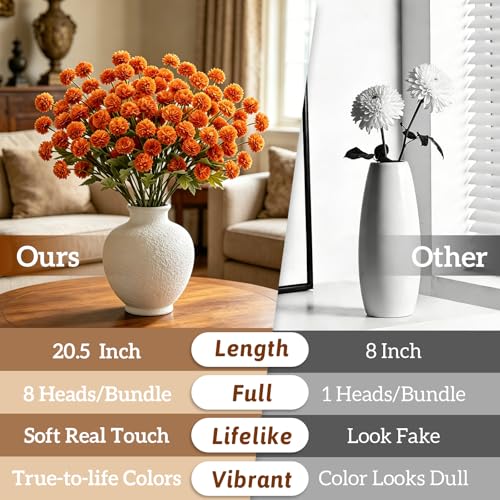 8pcs Orange Fake Flowers Silk Pompon Mum Artificial Flowers,Mini Artificial Chrysanthemums with Stems,Faux Flowers For Vase,for Wedding Centerpieces, flower arrangements, vase fillers, and home decor - color: Orange