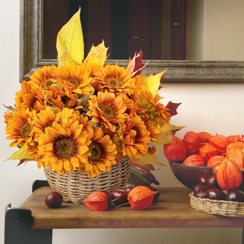 4 PCS 16.5inch Autumn Faux Sunflowers Artificial Flowers Bulk 28 Heads Fall Sunflowers Bouquet with Stems Realistic for Home Wedding Thanksgiving Centerpieces Arrangements Party Home Decoration