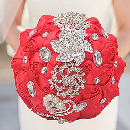 Wedding Bouquets Crystal Satin Rose Bride Bridal Bouquet Romantic Bridesmaid Holding Flower for Valentine's Day Confession Party Church Decor (Red) - color: Red