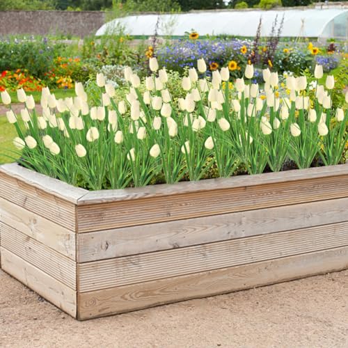 10 Bundles Artificial Tulips Flowers Outdoor,16.5 inch UV Resistant Fake Tulips Real Touch Flowers,Faux Tulips Realistic Flowers for Home Garden Outside Wedding Decor (White) - color: White
