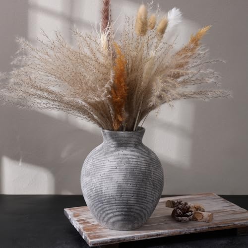 Ceramic Flower Vase Home Decor, 7.4 in Farmhouse Table Vases Retro Vintage Living Room Kitchen Bedroom Decoration Pottery Decorative Vases for Flowers House Shelf Office Desk Dining Entryway, Grey - color: 7.4 in - Grey