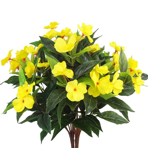 2 Pcs Artificial Impatiens Flowers for Outdoors Faux Impatiens Bushes Yellow Silk Flowers Greenery Artificial Impatiens Bouquet for Patio Lawn Garden Pot Hanging Basket Porch Decoration - color: Yellow