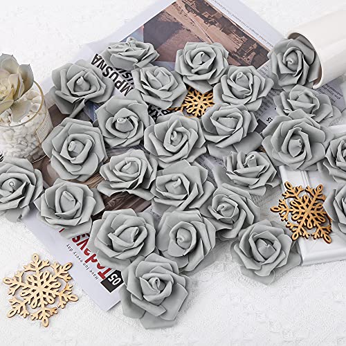 Artificial Rose Flower Heads, 100pcs Gray Roses Artificial Flower Foam Rose for DIY Wedding Bouquets Centerpieces Arrangements Party Baby Shower Home Decor (Stemless,Gray) - color: Grey, size: 100PCS