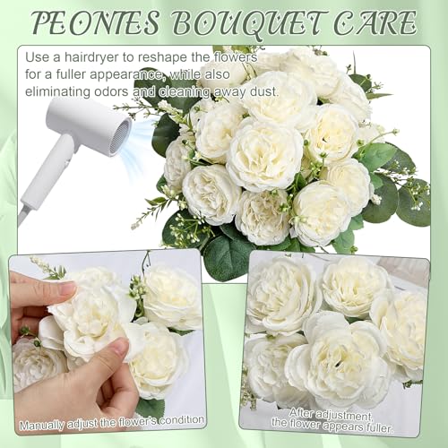 Peonies Artificial Flowers Bulk, 12 Bundles Fake Silk Peonies Faux Eucalyptus Bouquet Ivory Realistic Peony Floral Arrangement for Wedding Table Centerpiece Vase Decor (White) - color: White